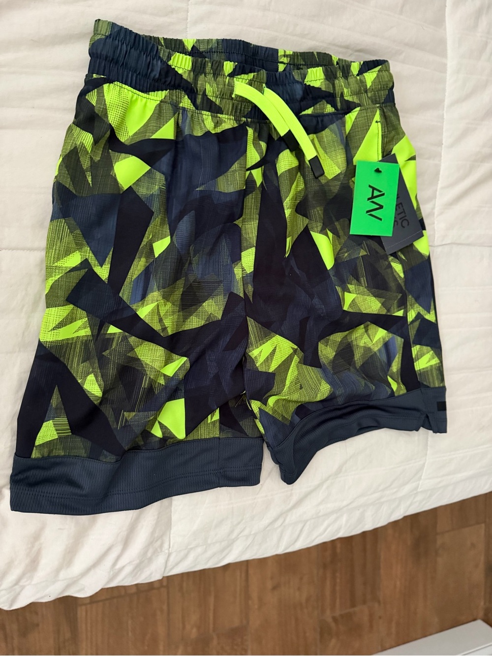 Boy’s Neon Green & Navy Geometric Swim Shorts